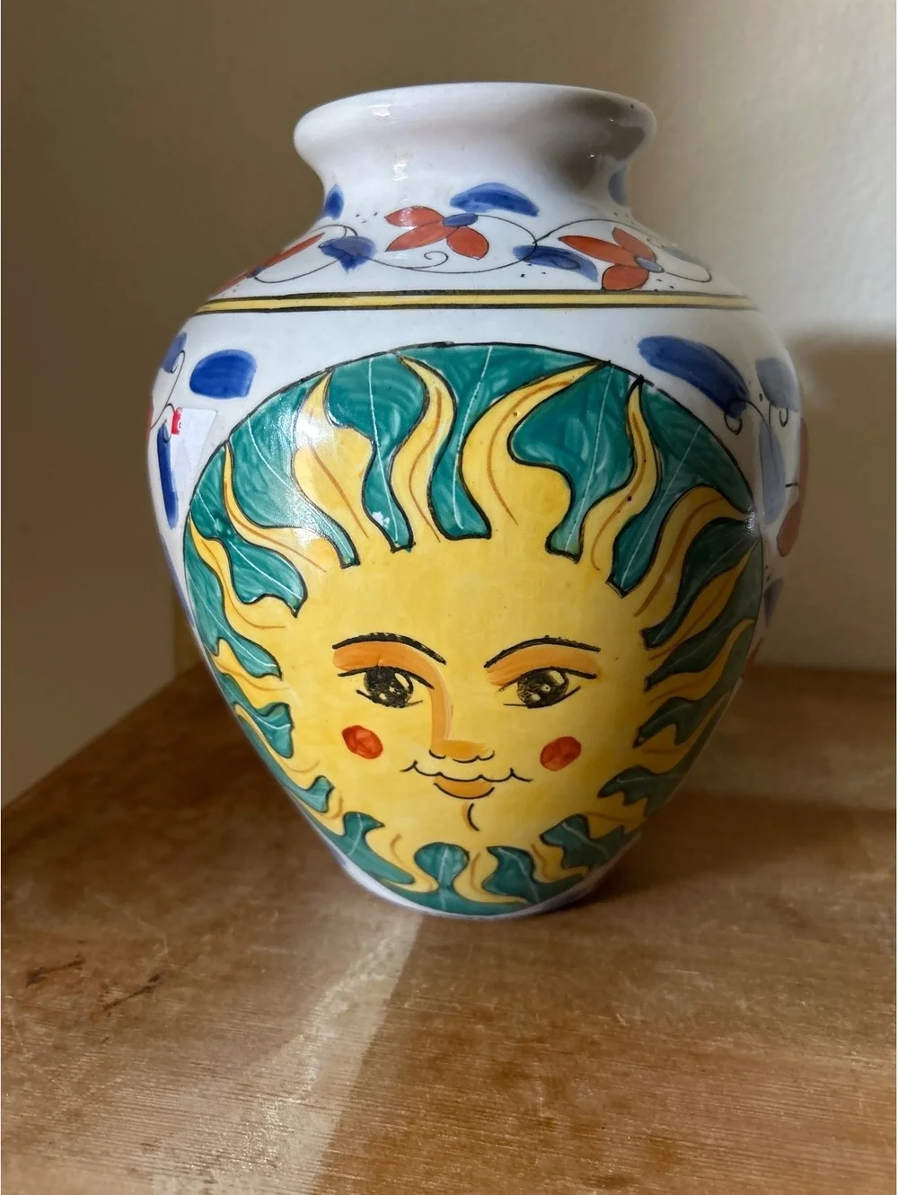 Vintage Hand-Painted Ceramic Vase with Sun Motif